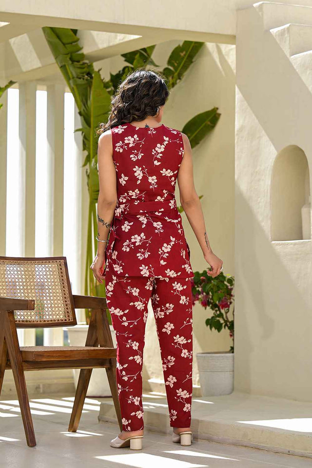 Red Floral Print Cotton Co-Ord Set
