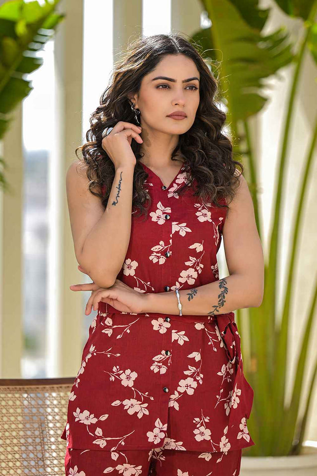 Red Floral Print Cotton Co-Ord Set