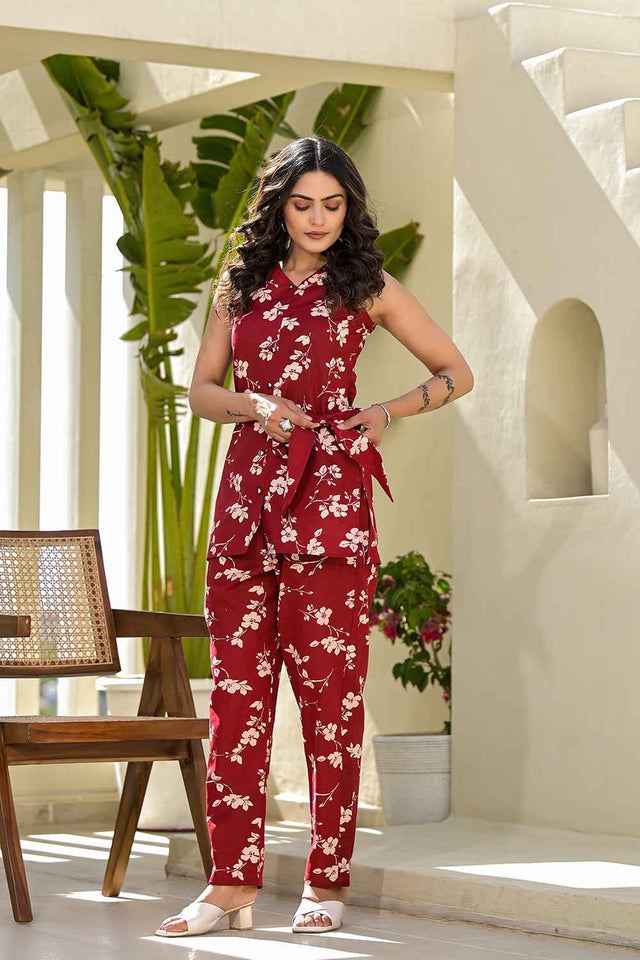 Red Floral Print Cotton Co-Ord Set