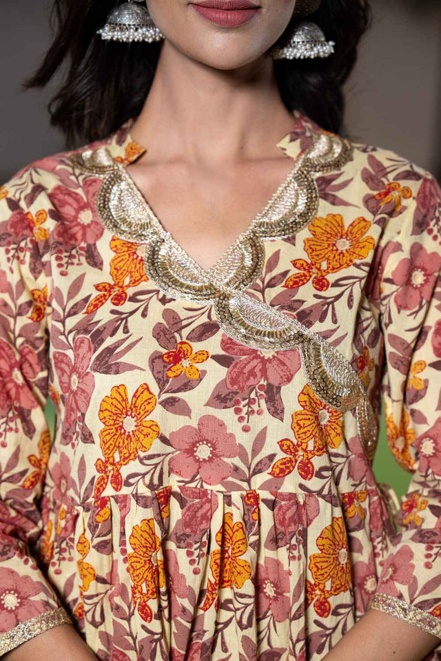 Beige Patch Work Cotton Co-Ord Set