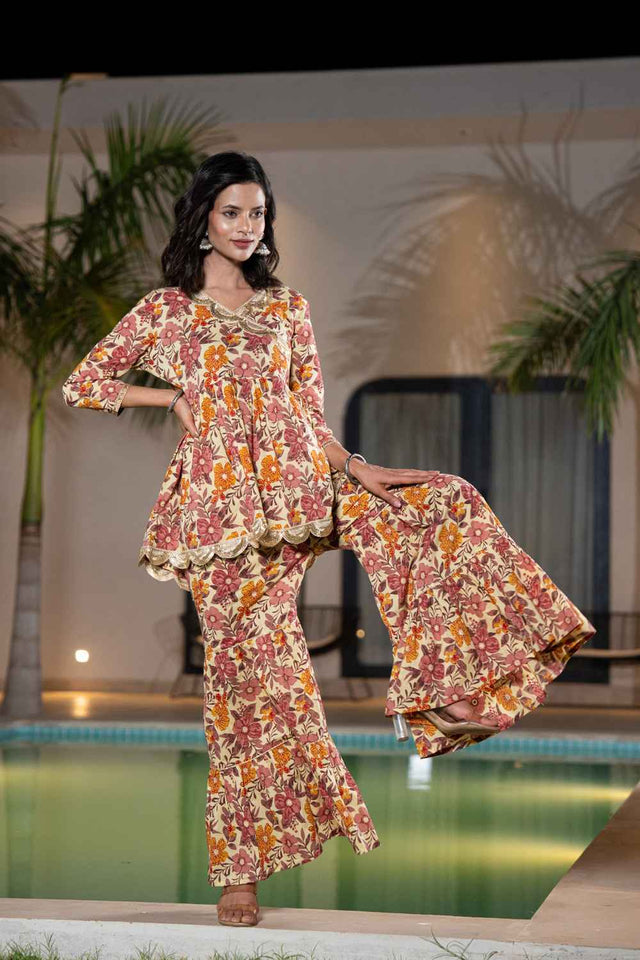 Beige Patch Work Cotton Co-Ord Set