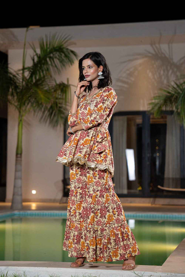 Beige Patch Work Cotton Co-Ord Set