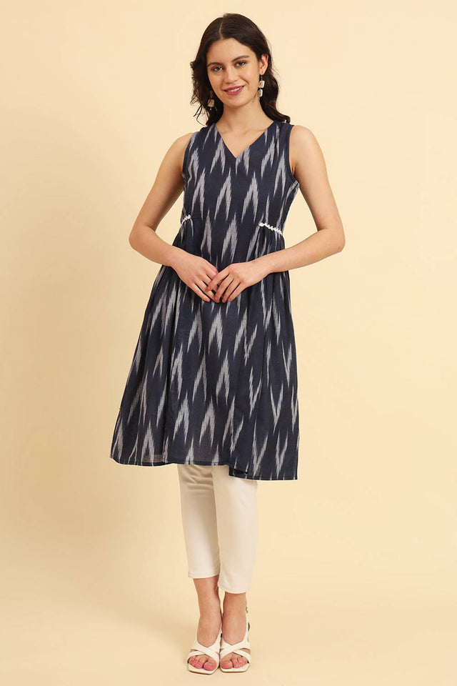 Blue Chevron Printed Cotton Straight Kurti