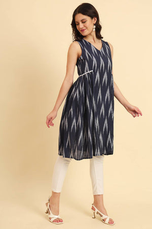 Blue Chevron Printed Cotton Straight Kurti