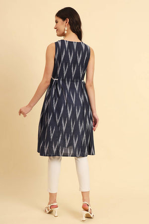 Blue Chevron Printed Cotton Straight Kurti