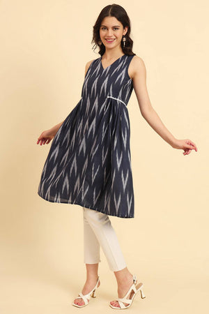 Blue Chevron Printed Cotton Straight Kurti