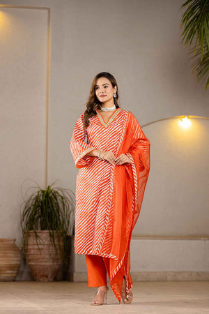 Orange Leheriya Patch Work Pure Cotton Kurti Pant Set
