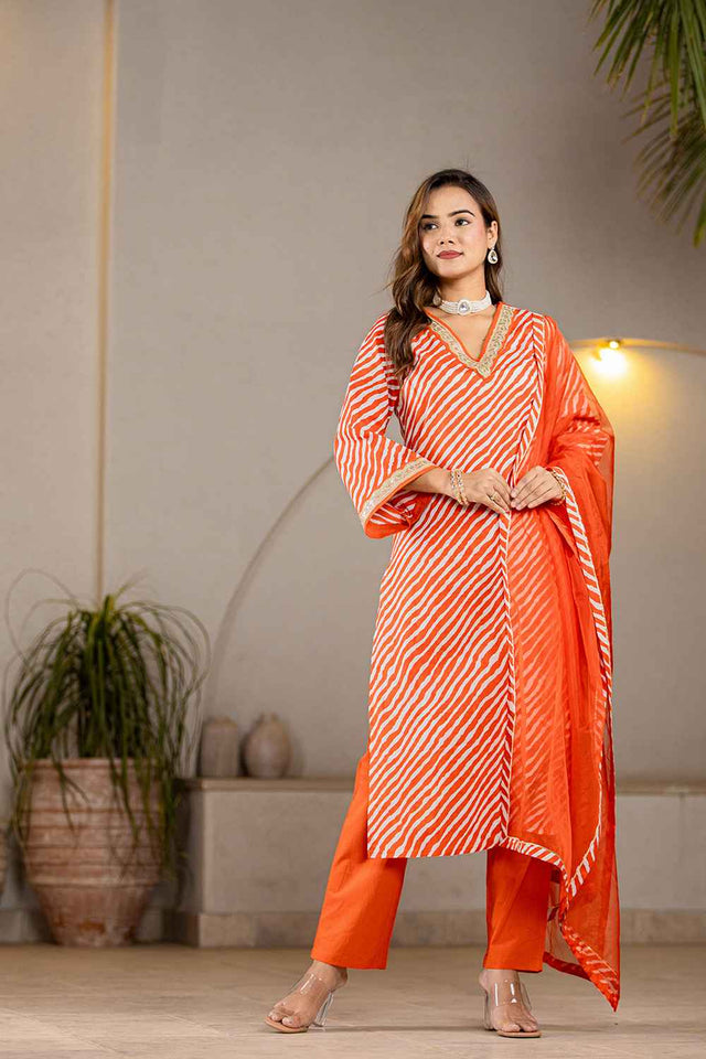 Orange Leheriya Patch Work Pure Cotton Kurti Pant Set