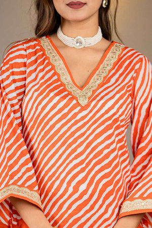 Orange Leheriya Patch Work Pure Cotton Kurti Pant Set