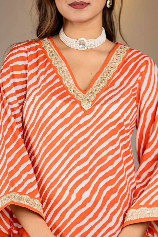 Orange Leheriya Patch Work Pure Cotton Kurti Pant Set