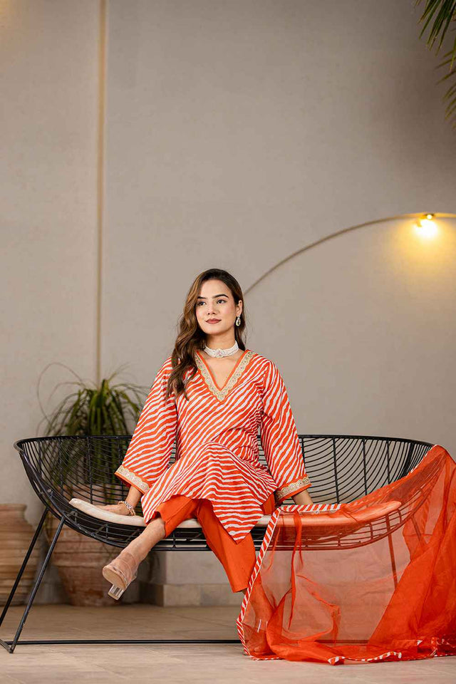 Orange Leheriya Patch Work Pure Cotton Kurti Pant Set