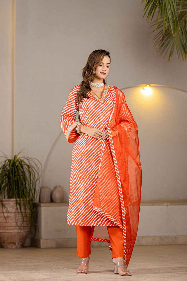 Orange Leheriya Patch Work Pure Cotton Kurti Pant Set