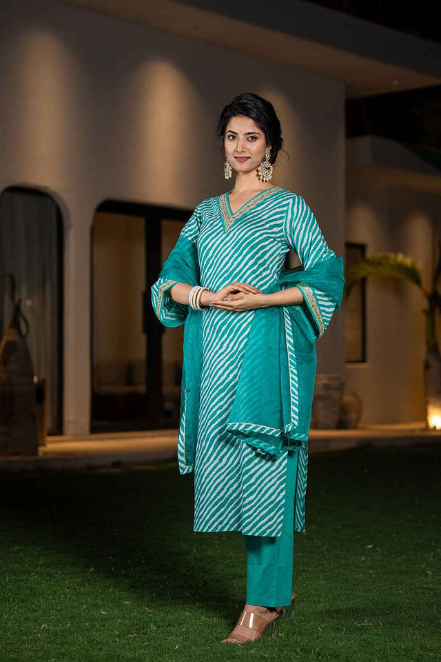 Green Leheriya Patch Work Pure Cotton Kurti Pant Set