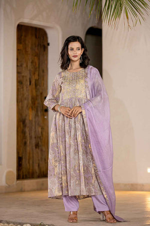 Violet Floral Print Sequins Work Organic Kurti Pant Set (6964SKDPR)