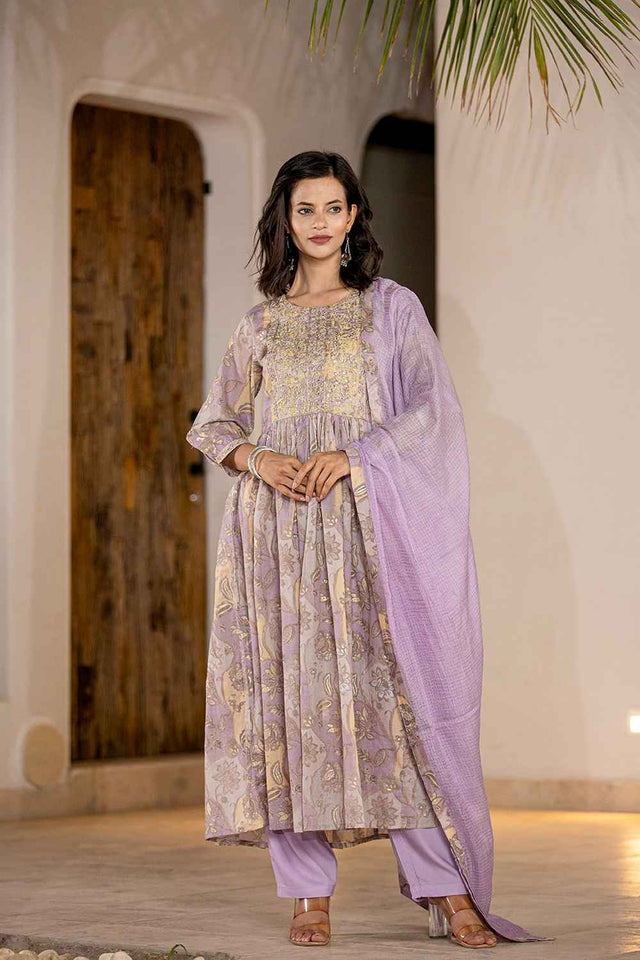 Violet Floral Print Sequins Work Organic Kurti Pant Set (6964SKDPR)