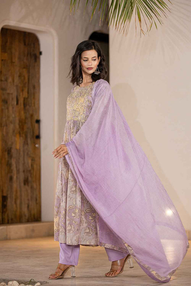 Violet Floral Print Sequins Work Organic Kurti Pant Set (6964SKDPR)