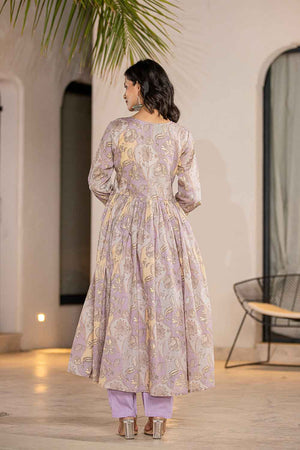 Violet Floral Print Sequins Work Organic Kurti Pant Set (6964SKDPR)
