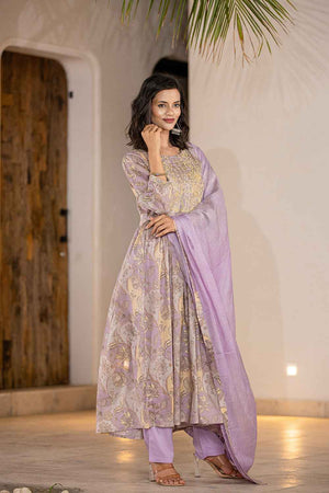 Violet Floral Print Sequins Work Organic Kurti Pant Set (6964SKDPR)
