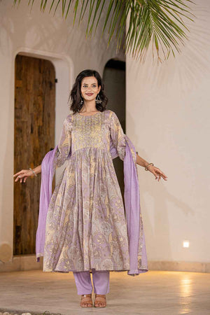 Violet Floral Print Sequins Work Organic Kurti Pant Set (6964SKDPR)