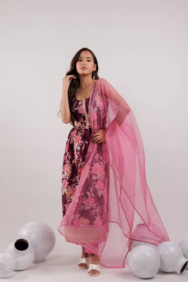 Maroon Floral Printed Cotton Straight Cut Suit Set