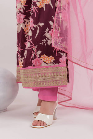 Maroon Floral Printed Cotton Straight Cut Suit Set