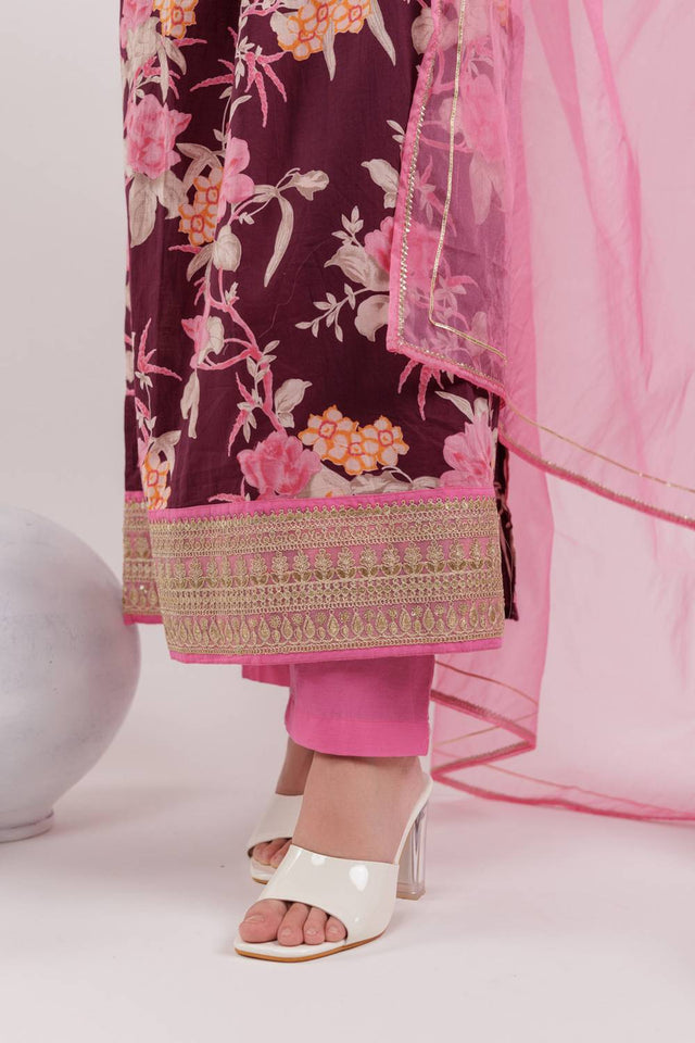 Maroon Floral Printed Cotton Straight Cut Suit Set