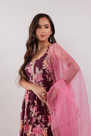 Maroon Floral Printed Cotton Straight Cut Suit Set