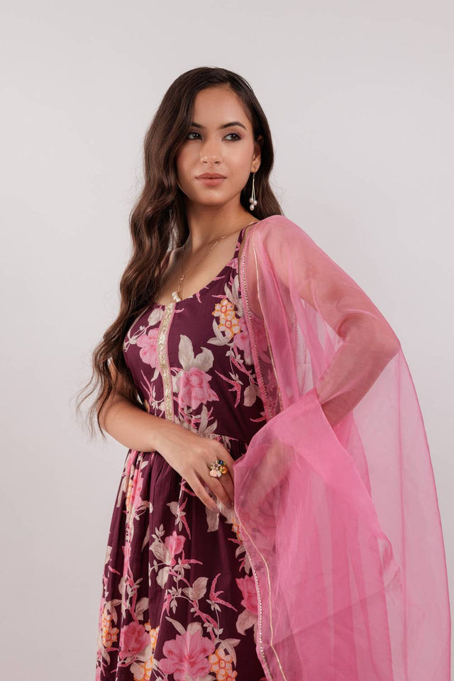 Maroon Floral Printed Cotton Straight Cut Suit Set
