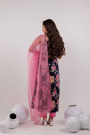 Blue Floral Print Thread Work Pure Cotton Kurti Pant Set