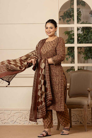 Brown Ethnic Motifs Sequins Work Pure Cotton Kurti Pant Set