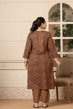 Brown Ethnic Motifs Sequins Work Pure Cotton Kurti Pant Set