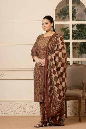 Brown Ethnic Motifs Sequins Work Pure Cotton Kurti Pant Set