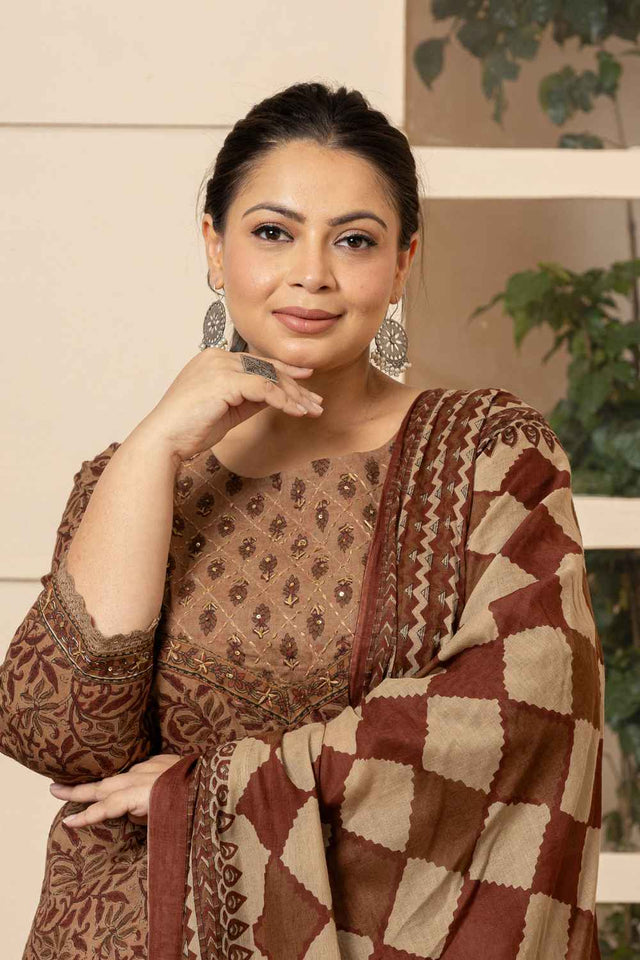 Brown Ethnic Motifs Sequins Work Pure Cotton Kurti Pant Set