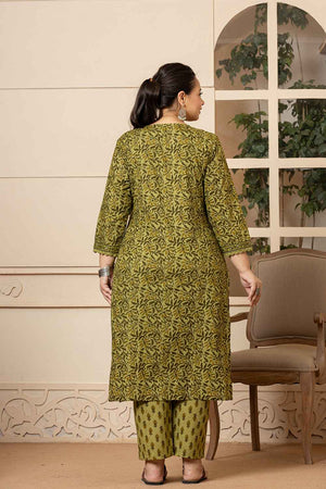 Green Ethnic Motifs Sequins Work Pure Cotton Kurti Pant Set
