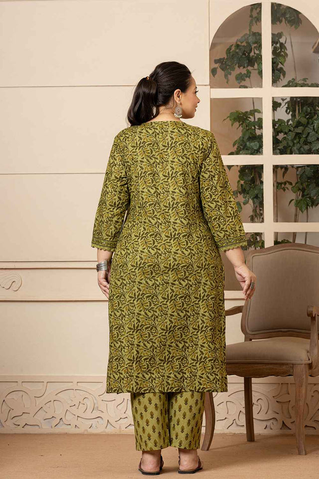 Green Ethnic Motifs Sequins Work Pure Cotton Kurti Pant Set