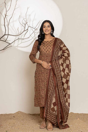 Brown Printed Cotton Kurti Pant Set