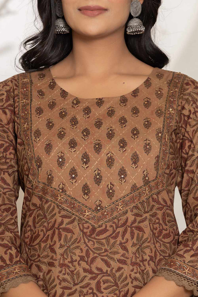 Brown Printed Cotton Kurti Pant Set
