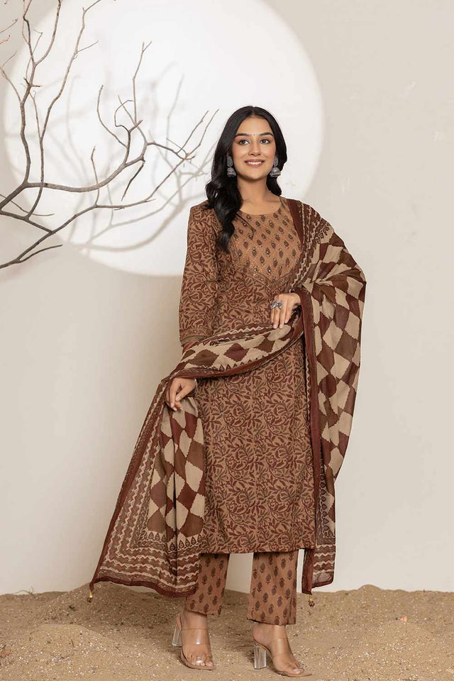 Brown Printed Cotton Kurti Pant Set