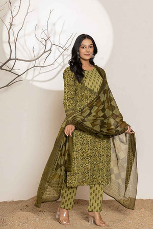 Green Gometric Print Sequins Work Pure Cotton Kurti Pant Set