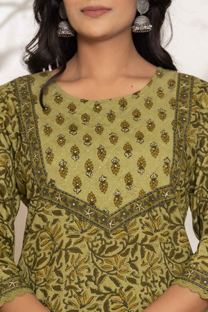 Green Gometric Print Sequins Work Pure Cotton Kurti Pant Set