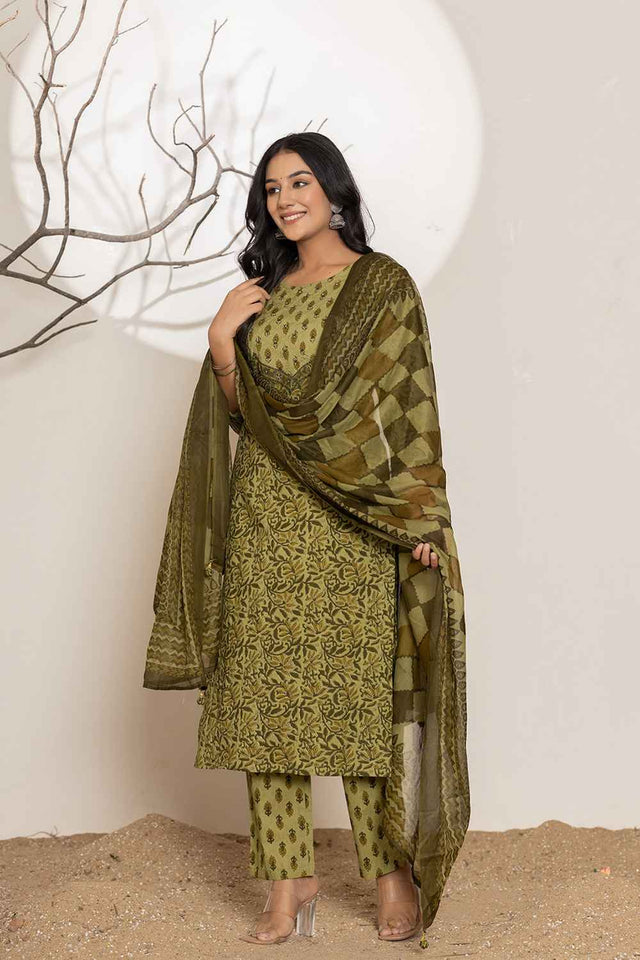 Green Gometric Print Sequins Work Pure Cotton Kurti Pant Set