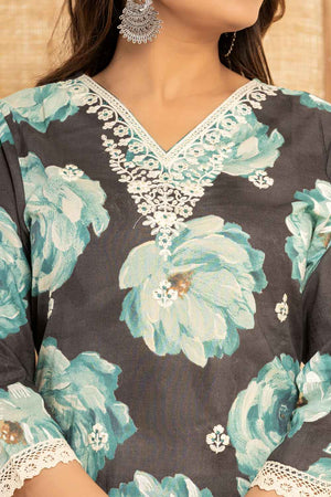 Black Floral Print Thread Work Pure Cotton Kurti Pant Set