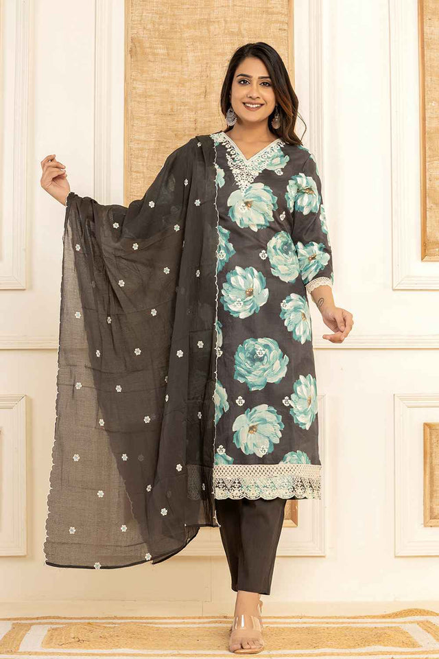 Black Floral Print Thread Work Pure Cotton Kurti Pant Set