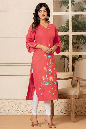 Dark Pink Floral Printed Cotton Straight Kurti