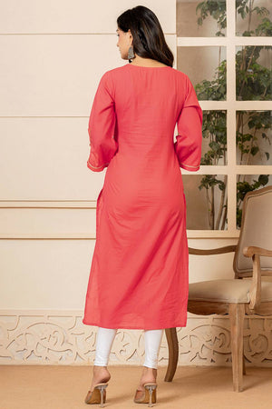 Dark Pink Floral Printed Cotton Straight Kurti