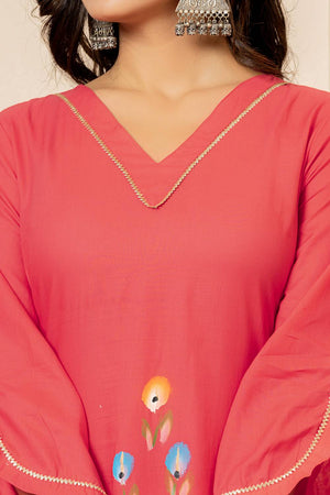 Dark Pink Floral Printed Cotton Straight Kurti