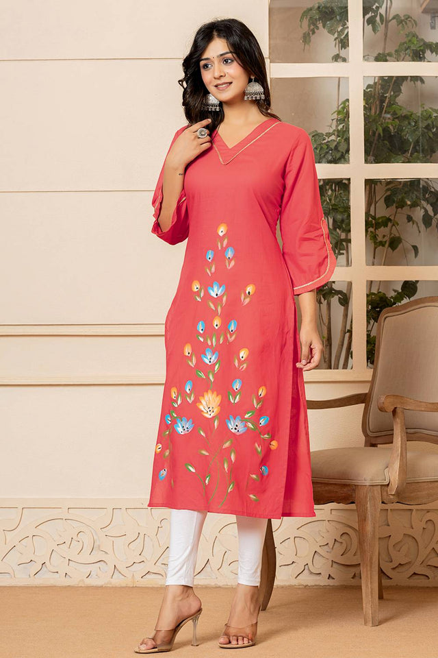 Dark Pink Floral Printed Cotton Straight Kurti