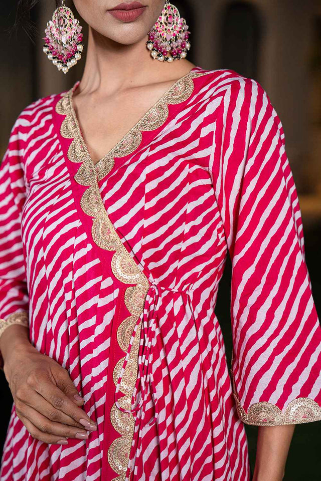 Pink Leheriya Lace Work Pure Cotton Kurti Pant Set