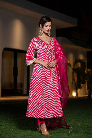 Pink Leheriya Lace Work Pure Cotton Kurti Pant Set
