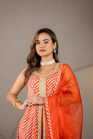 Orange Leheriya Lace Work Pure Cotton Kurti Pant Set